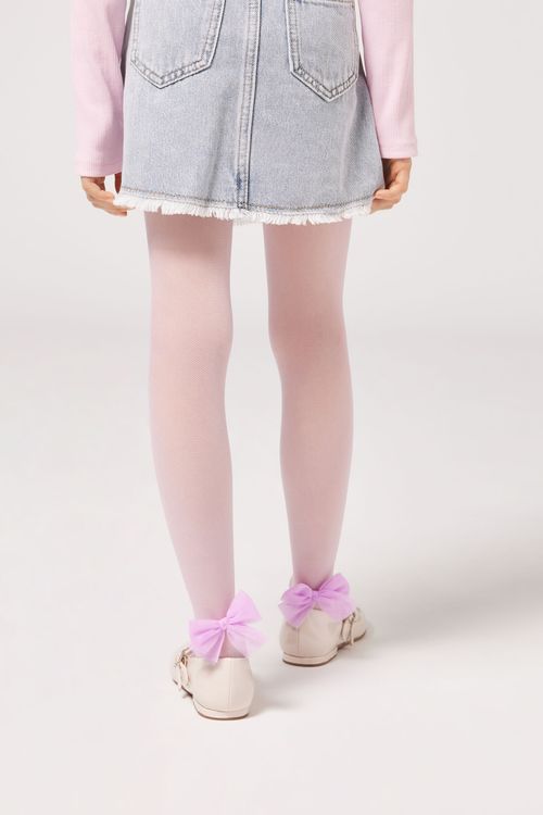 Meia-Calça Em Tule Fio 30 Com Laço Infantil - Rosa