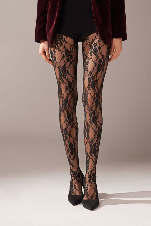 Meia-Calça Em Renda Floral - Preto