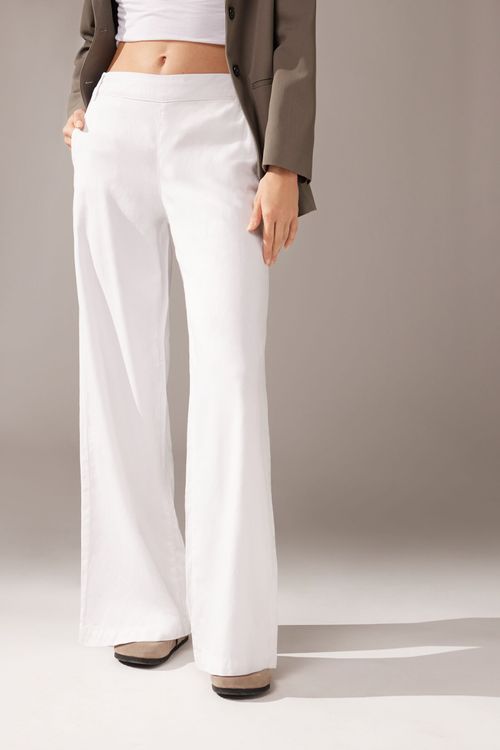 Calça Pantalona Em Linho Com Bolsos - Branco