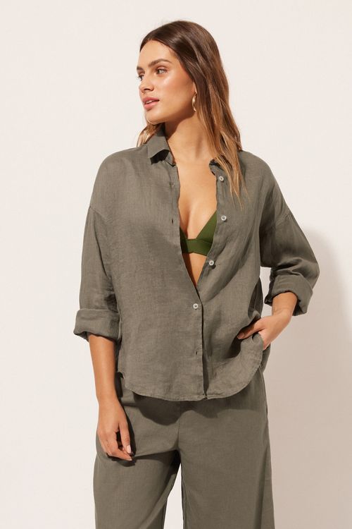 Camisa Curta Em Linho - Verde