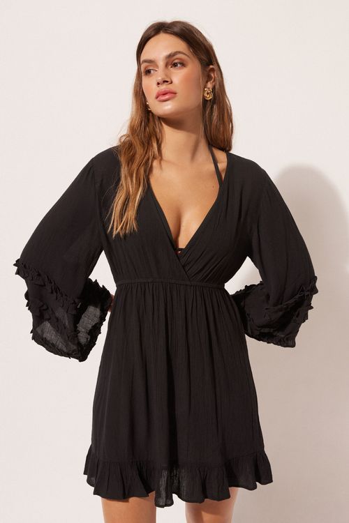 Vestido Com Decote Em v e Babados - Preto