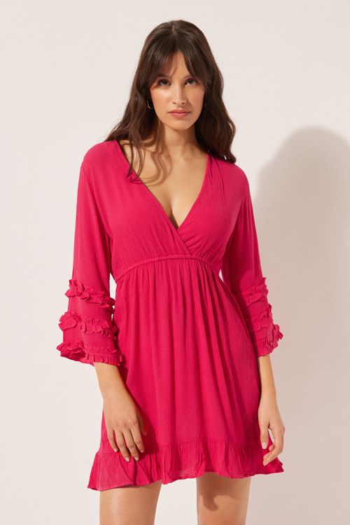 Vestido Com Decote Em v e Babados - Rosa