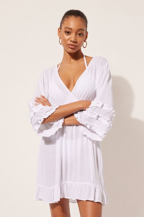 Vestido Com Decote Em v e Babados - Branco