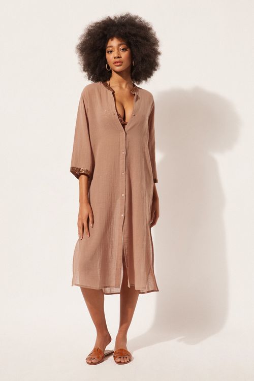 Vestido Longo Com Paetês - Bege