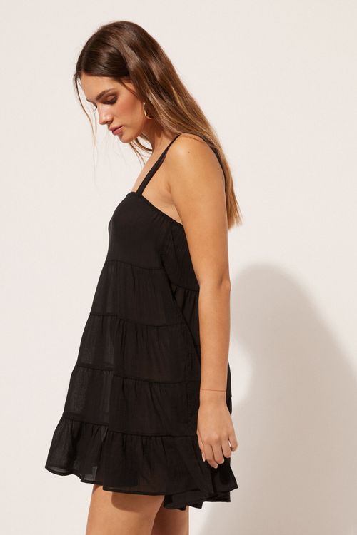 Vestido Curto Com Babados - Preto