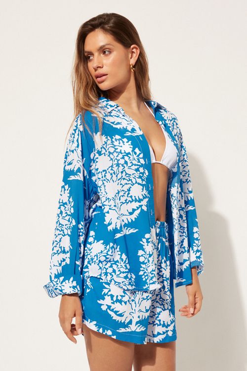 Camisa Curta Em Algodão - Azul