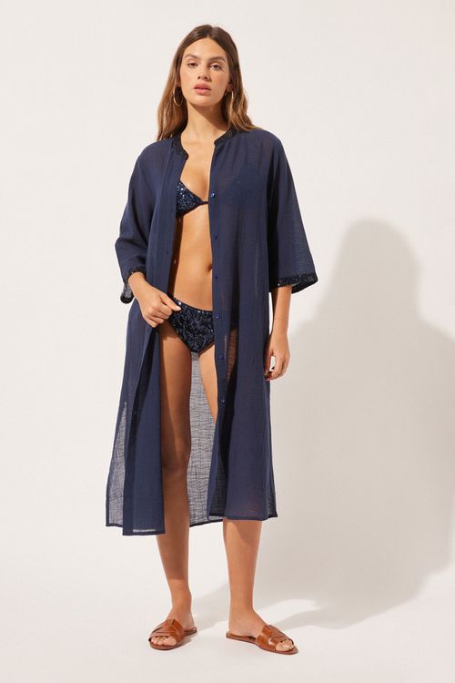 Vestido Longo Com Paetês - Azul