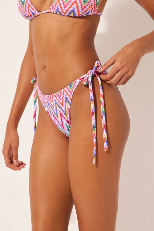 Calcinha De Biquíni Com Amarração Multicolor Chevron - Rosa