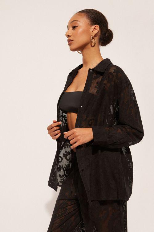 Camisa Em Renda Bordada - Preto