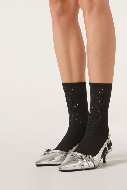 Meia Curta Canelada Com Strass - Preto