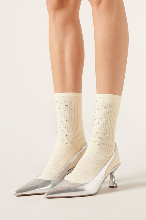 Meia Curta Canelada Com Strass - Off-White
