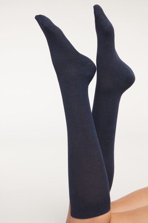 Meia Alta Em Algodão Acetinado - Azul