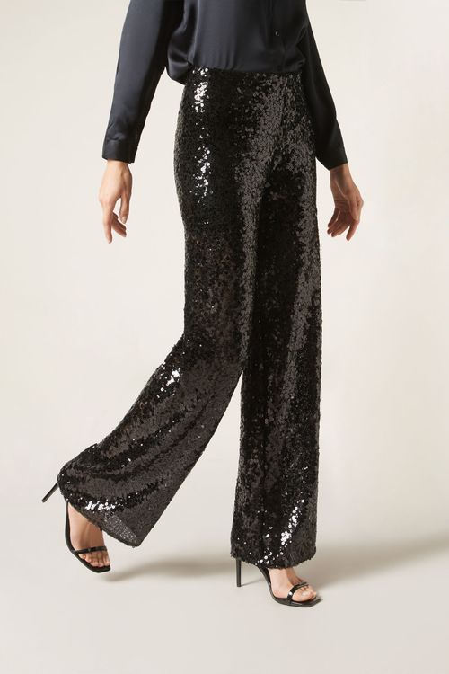 Calça Pantalona Com Paetês - Preto