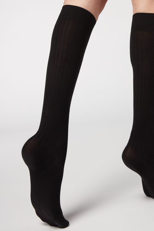 Meias Longas Caneladas Com Cashmere - Preto