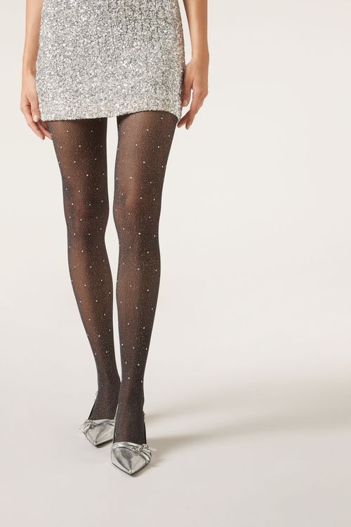 Meia-Calça Arrastão Fio 50 Com Strass Prata - Preto