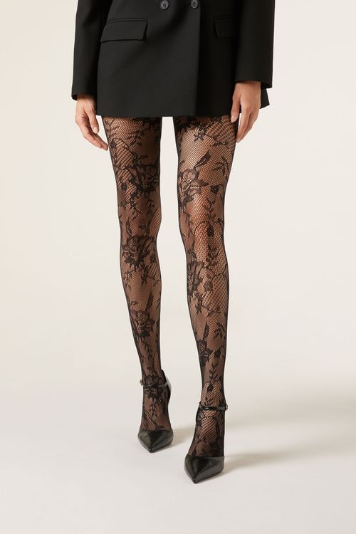 Meia-Calça Arrastão Com Padrão Floral - Preto