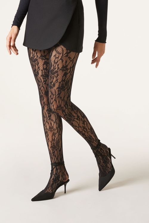 Meia-Calça Arrastão Com Padrão De Renda Floral - Preto
