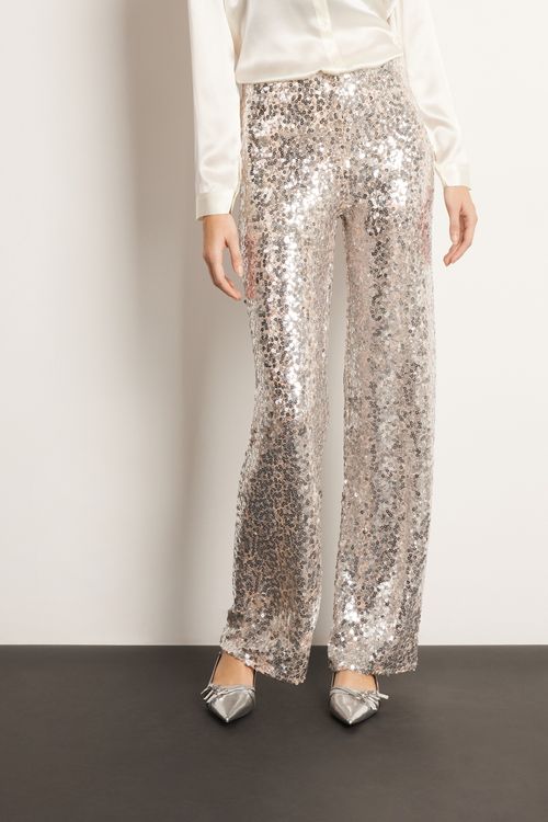 Calça Pantalona Com Paetês - Cinza