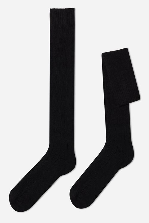 Meia Cano Alto Canelada Em Lã e Cashmere - Preto