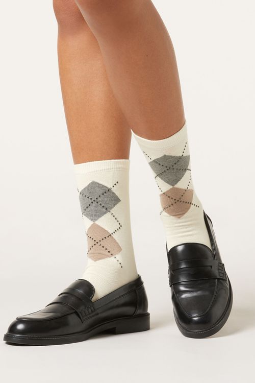 Meia Xadrez Argyle e Strass - Off-White