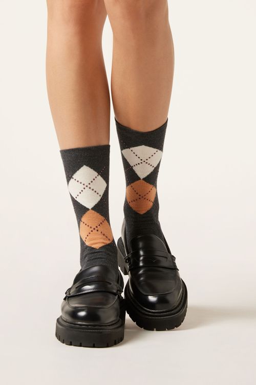 Meia Xadrez Argyle e Strass - Cinza