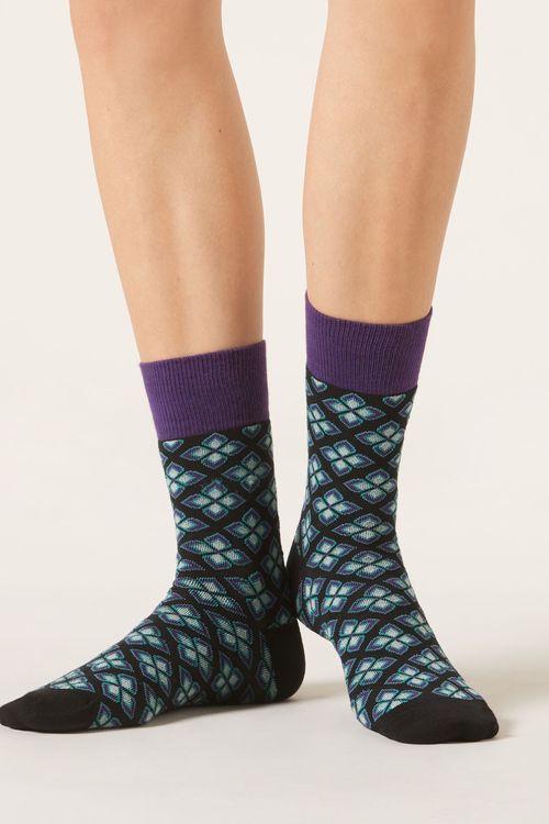 Meia Curta Com Estampa Floral - Roxo