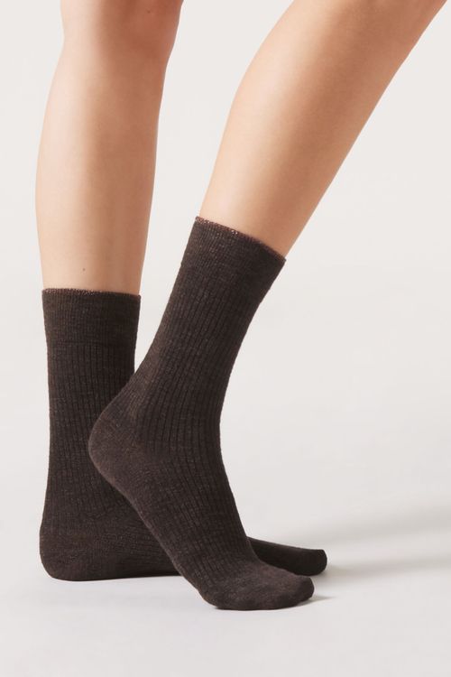 Meia Curta Com Cashmere e Glitter - Marrom