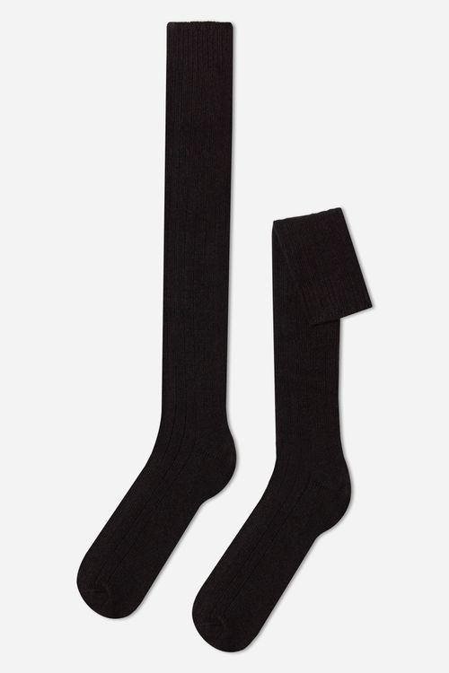 Meia Alta Canelada Em Lã e Cashmere - Marrom
