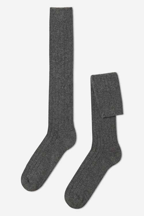 Meia Alta Canelada Em Lã e Cashmere - Cinza