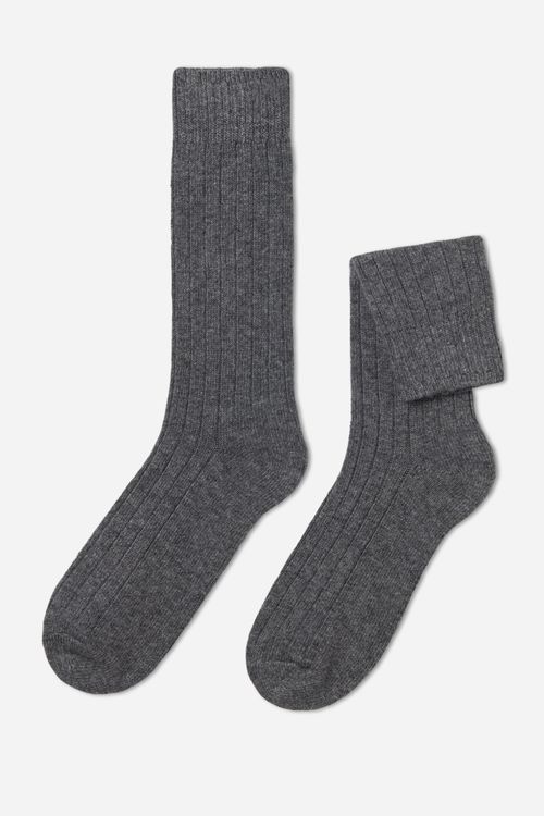 Meias Curtas Canelada Com Lã e Cashmere - Cinza
