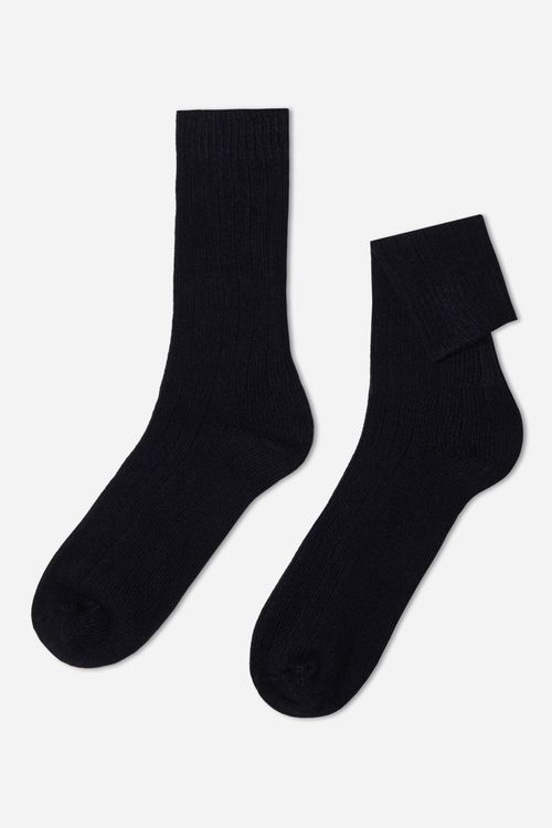 Meias Curtas Canelada Com Lã e Cashmere - Azul