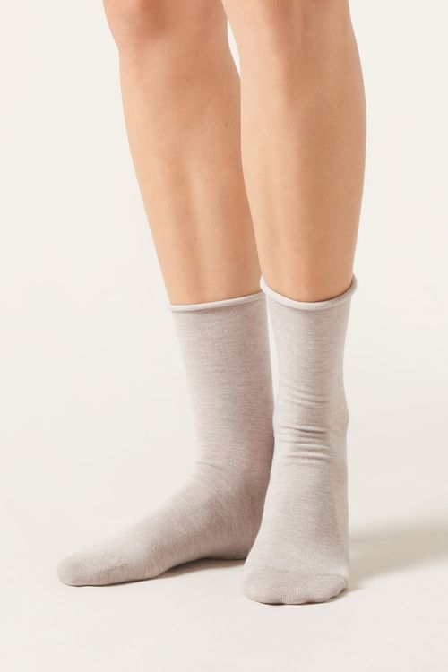 Meia Curta Com Cashmere - Bege