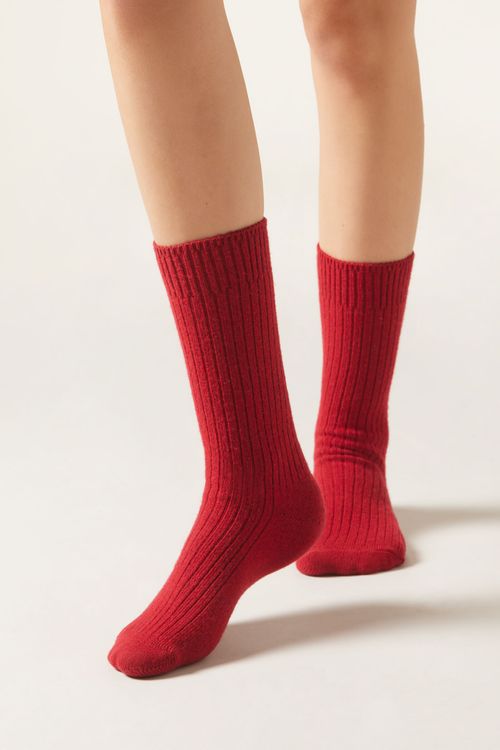 Meia Curta Canelada Em Lã e Cashmere - Vermelho