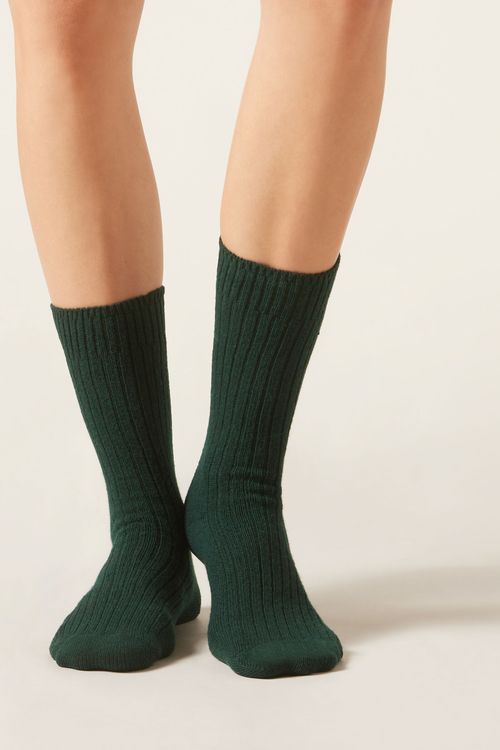 Meia Curta Canelada Em Lã e Cashmere - Verde
