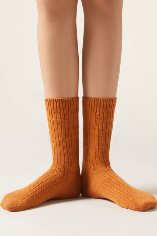 Meia Curta Canelada Em Lã e Cashmere - Marrom