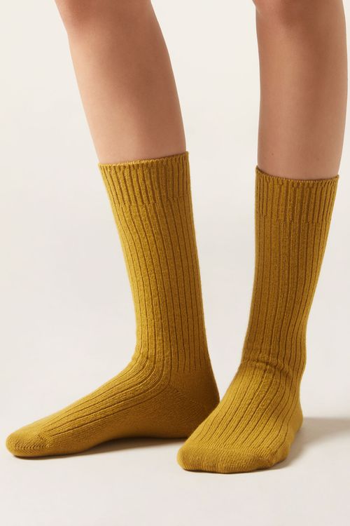 Meia Curta Canelada Em Lã e Cashmere - Verde