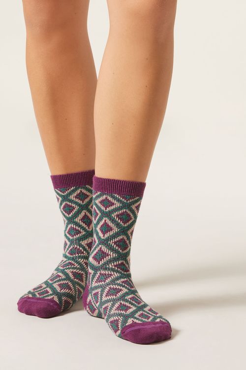 Meia Curta Com Cashmere e Padrão De Losangos - Roxo