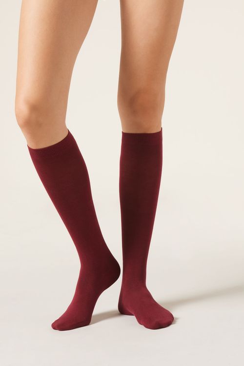 Meia Alta Em Algodão Acetinado - Vermelho