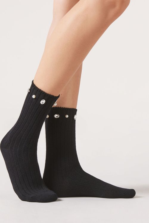 Meia Curta Com Lã, Pérolas e Strass - Preto