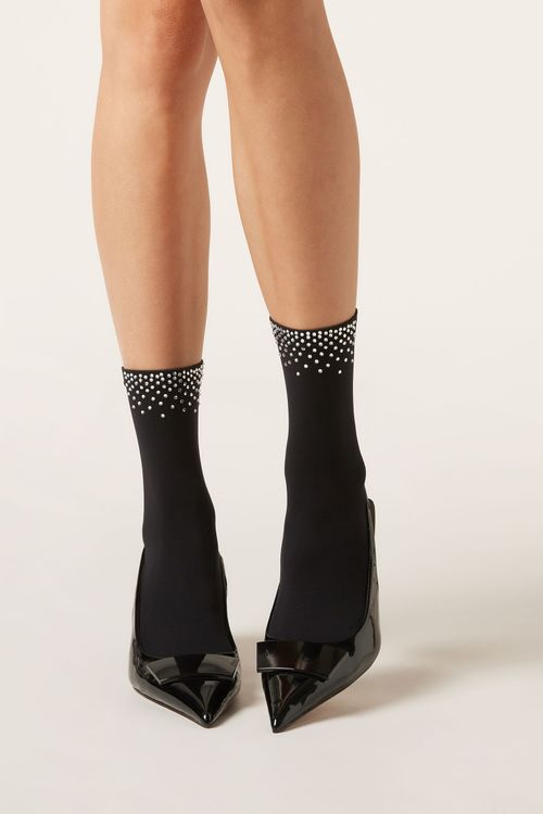 Meia Curta Opaca Com Strass - Preto