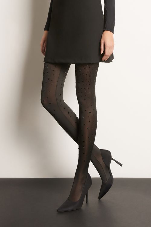 Meia-Calça Brilhante Com Pedraria - Preto