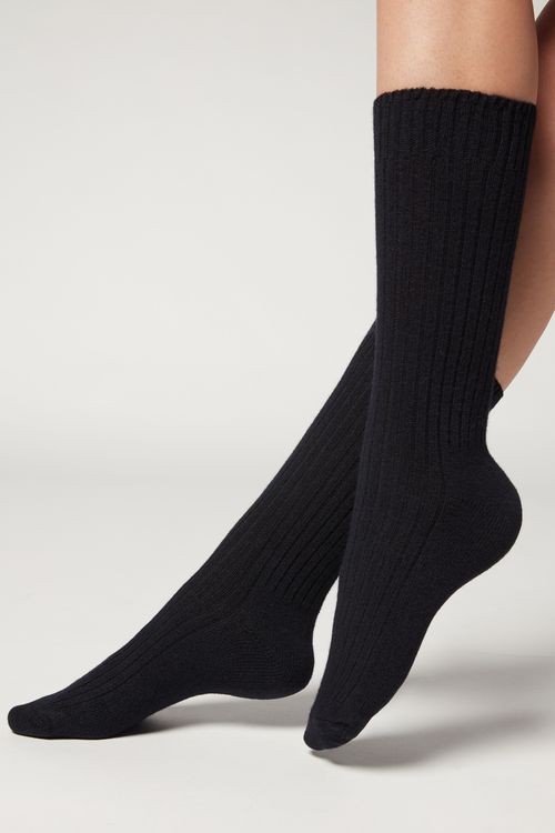 Meia Curta Canelada Em Lã e Cashmere - Azul