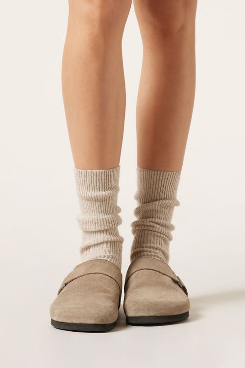 Meia Curta Com Cashmere e Glitter - Bege