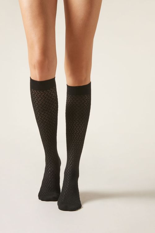 Meia Alta Com Cashmere - Preto