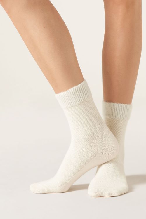 Meia Curta Com Cashmere Brilhante - Off-White