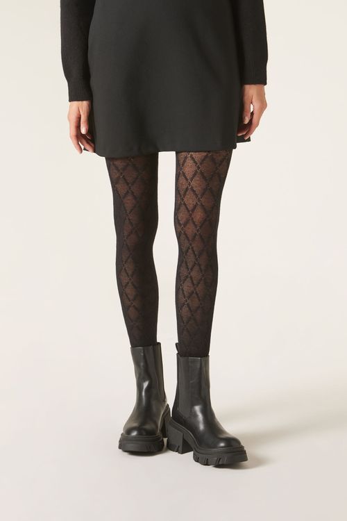 Meia-Calça Com Cashmere e Losangos - Preto
