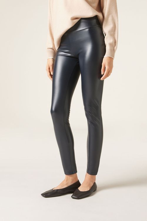 Calça Skinny Térmica Efeito Couro - Azul