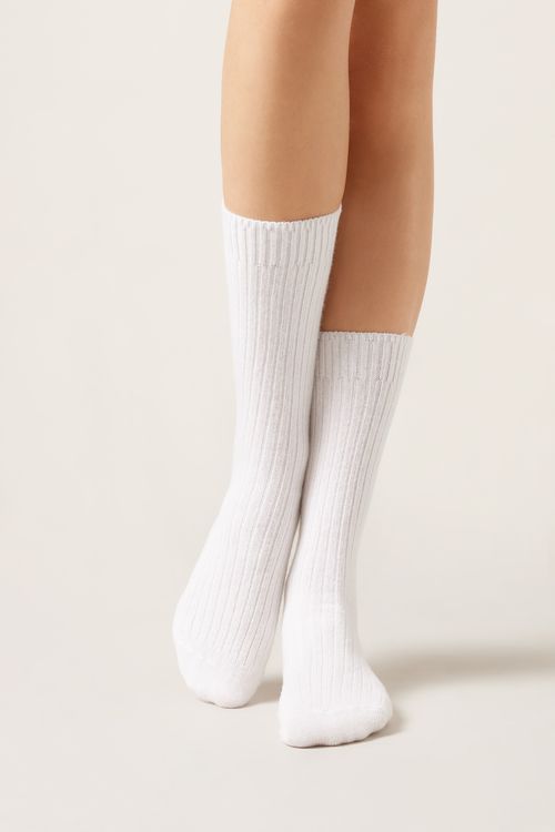 Meia Curta Canelada Em Lã e Cashmere - Branco
