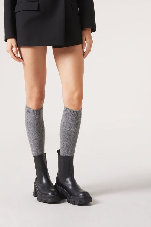 Meia Alta Com Cashmere Trançada - Cinza