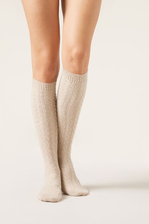 Meia Alta Com Cashmere Trançada - Bege